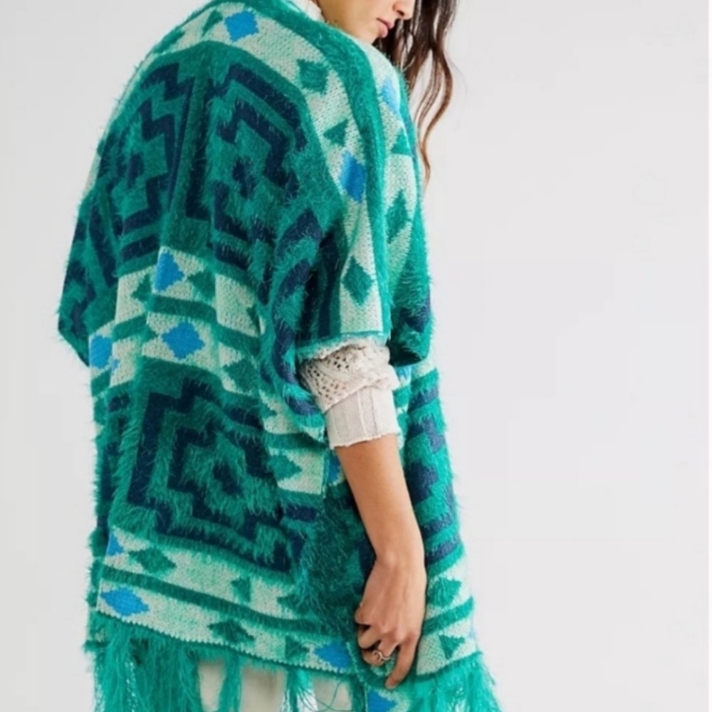 Free People Diamondback Cozy Kimono OS Blue and Green - Picture 4 of 5